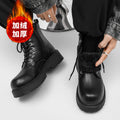 Men's martin boots: british style black high-top leather shoes, new mid-top motorcycle boots, fleece-lined warm height-increasing leather boots