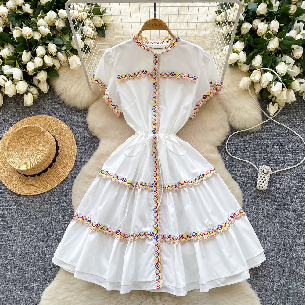 Luxury royal court style high-end flutter sleeve dress - women's summer drawstring waist design, unique and elegant midi dress