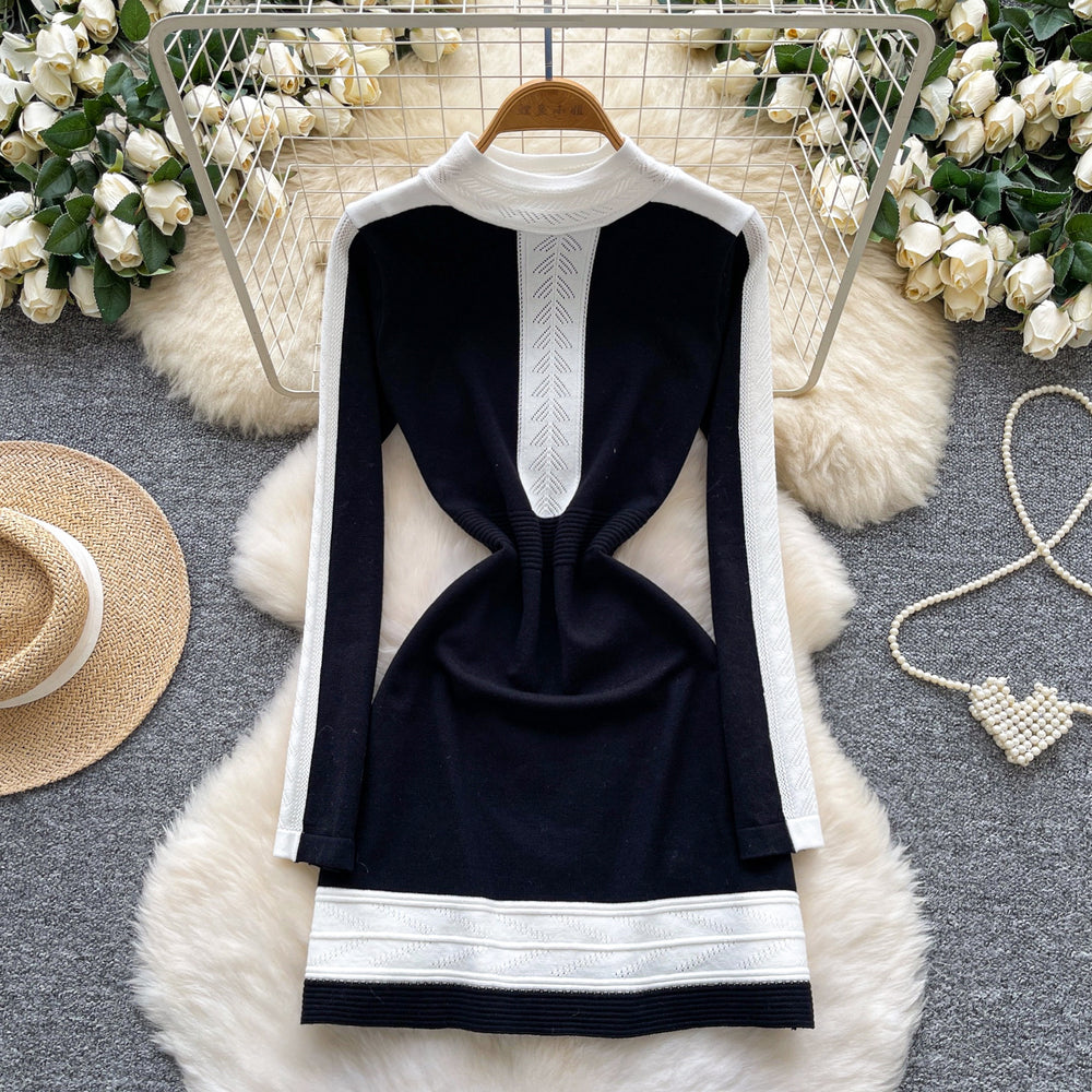 Frenchretroclassyfashionablecontrast colorpatchwork round neck long sleevesknittingdress women's waist slimming looksweater skirt