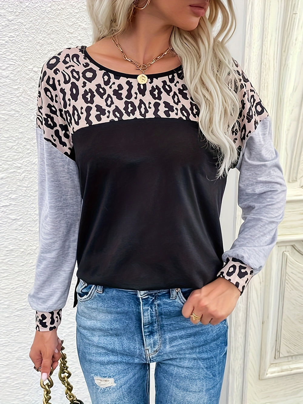 animal women's clothing patchwork round neck long sleeves women's topslong sleeves t-shirt