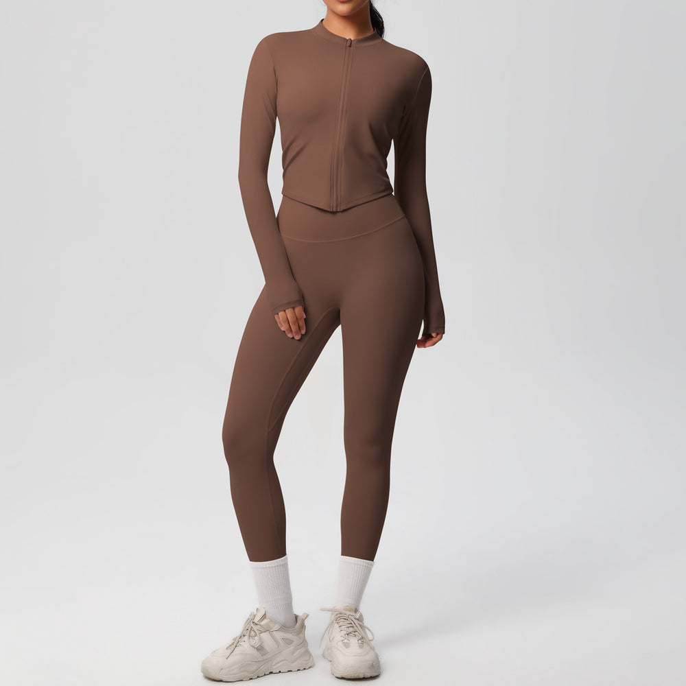 Ready-to-ship cross-border solid color double-sided brushed naked feel outerwear long sleeve set - compression running, fitness, and yoga two-piece outfit