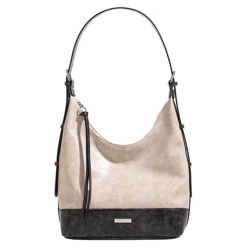 Contrasting color tote bag women's large-capacity fashionable and versatile shoulder bag PU leather texture trendy leisure bag high-end bucket bag