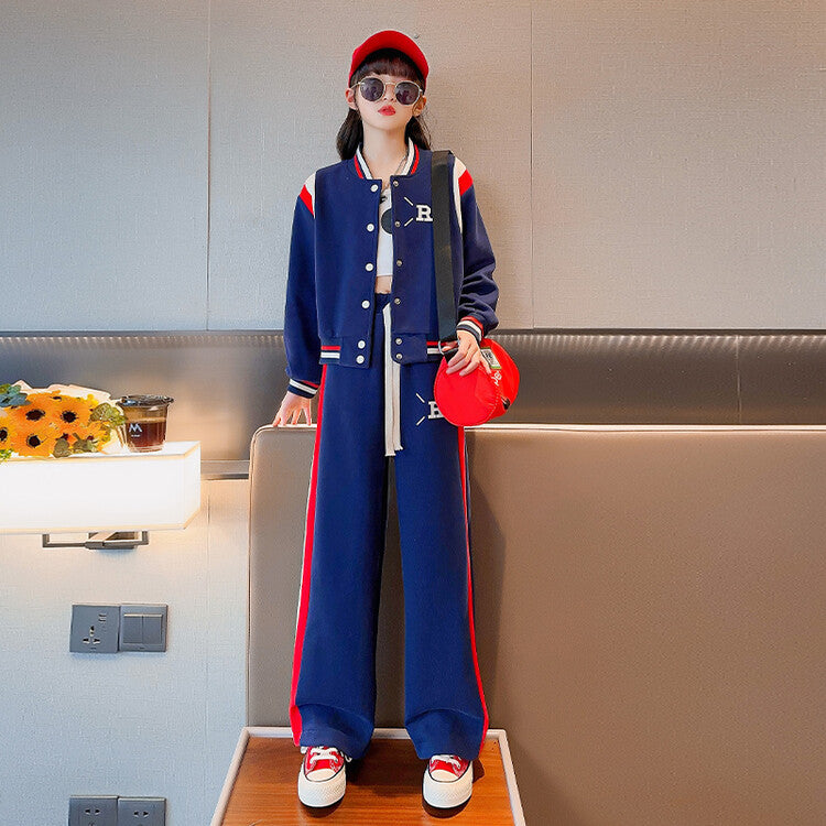 Girls' fall outfit set : stylish korean-inspired casual two-piece set for mid-to-large children - cardigan and sportswear