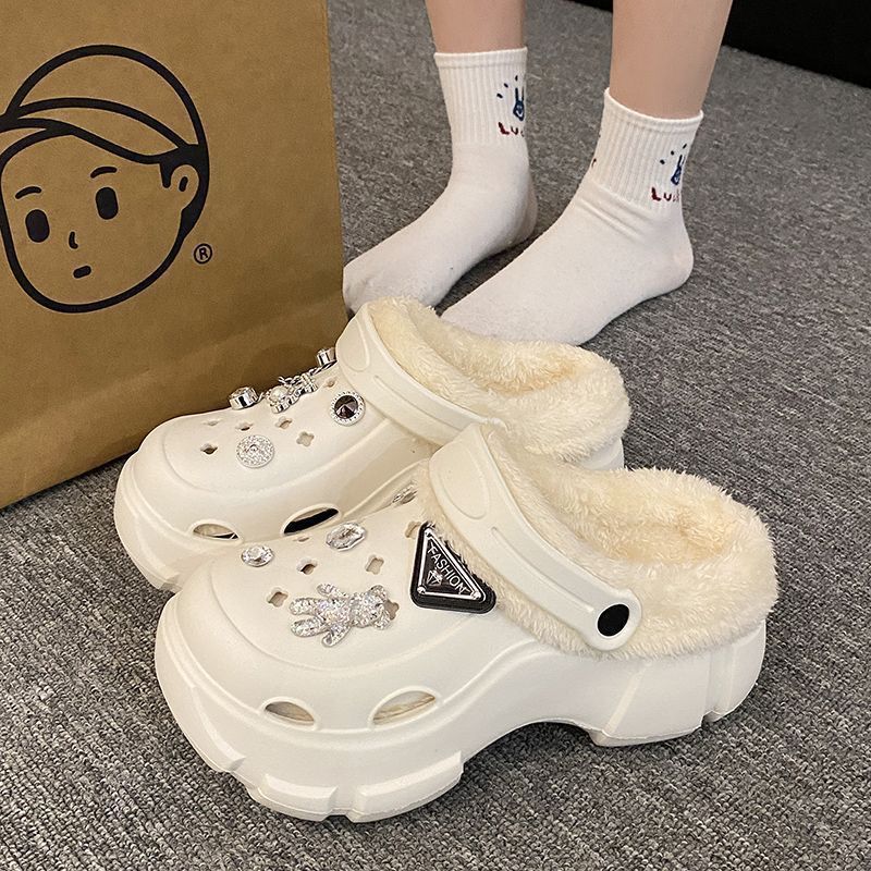 Fleece-lined crocs women's winter 2025 internet celebrity popular shoes heattech thick solenon-slip detachable outwear heightening cotton shoes