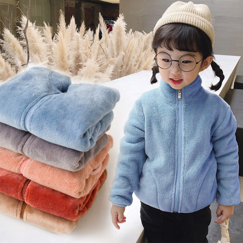 fall/winter new solid color zip-up long sleeve stand collar outdoor korean style girls' fleece-lined jacket - direct from the manufacturer