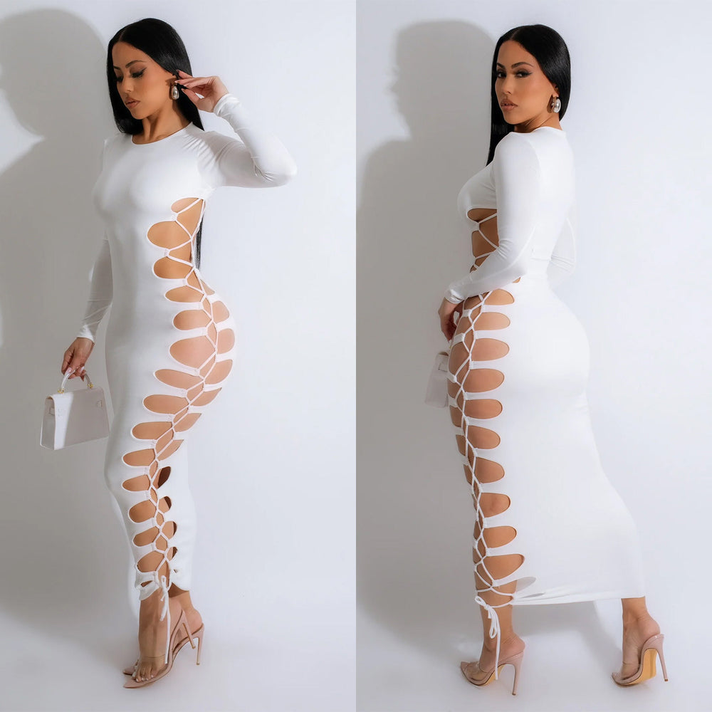 C6793 cross-border   fashion women's solid color round neck sexy tie-up maxi dress