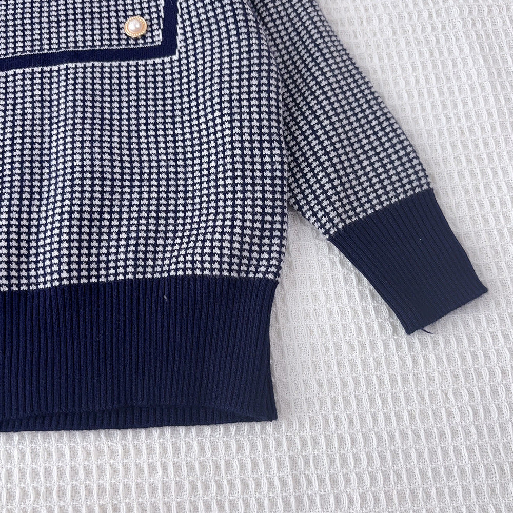 Autumn/winter new korean style girls' sweater set - little girl's simple plaid long-sleeve knit top and skirt two-piece outfit
