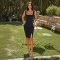 Export cross-border new arrivalpure colorfrench hepburn style little black dress niche style square neck slit tight skirt hip-covering dress