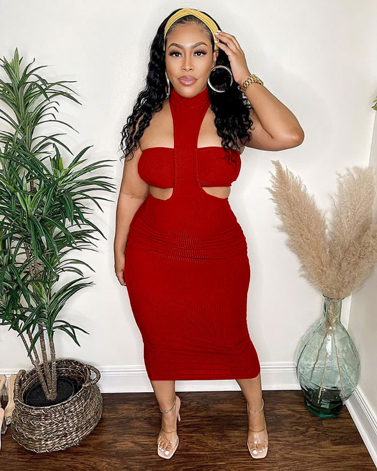 European and american cross-border women's fashion  summer sexy backless solid color halter neck tube top ribbed maxi dress two-piece set