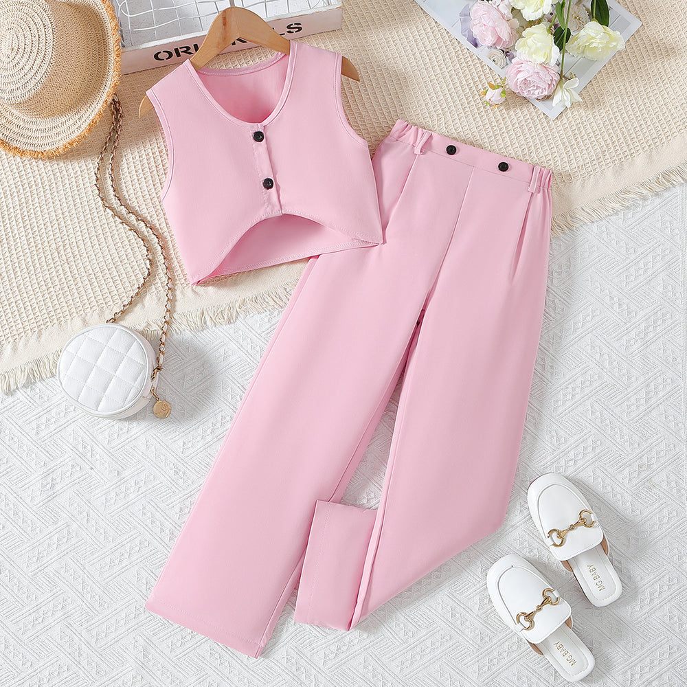 girl pure colortwo-piece setshortvestloose pants4 colorscasual style kidssummercasual pantssuit