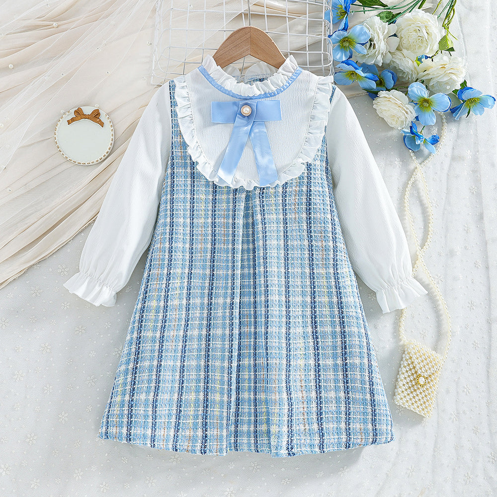 girldress sky blue pink grids pattern small fragrant lace shirt skirt french style children's skirt