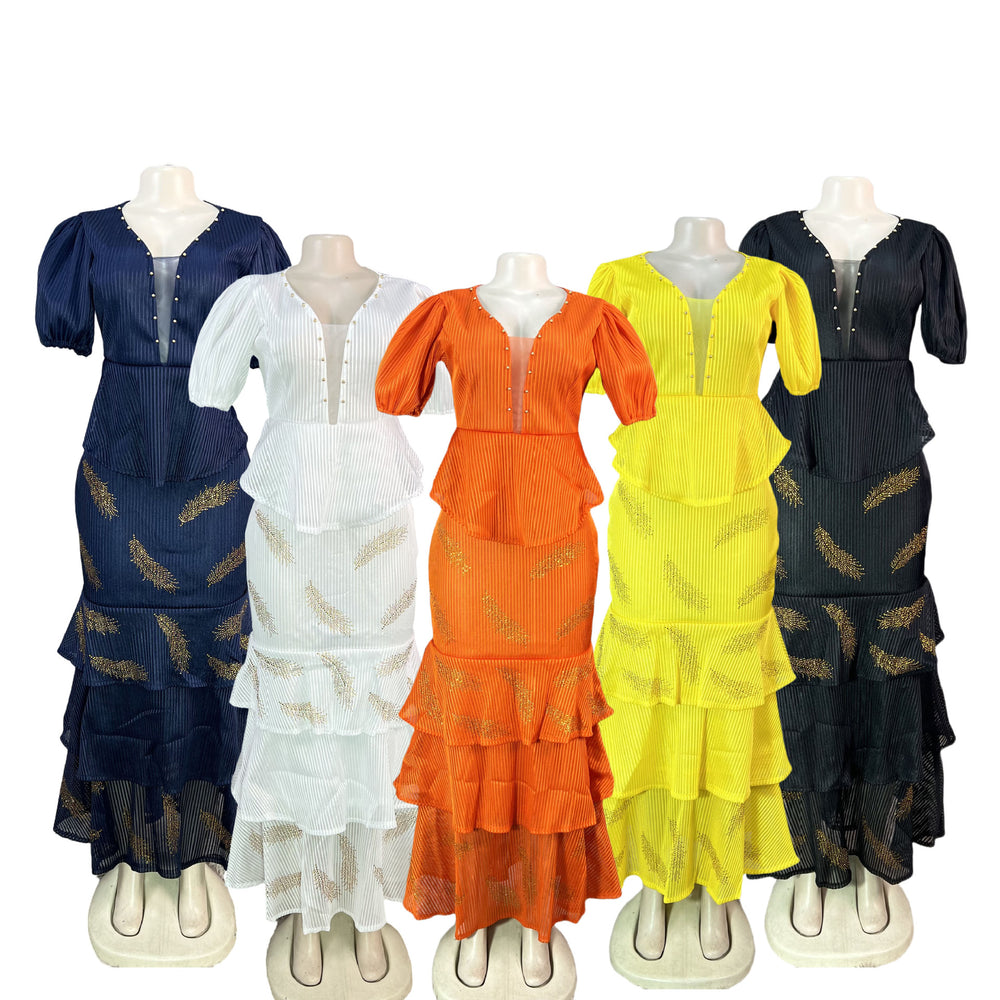 Export african women's v neck mesh silm beading hot diamond pleated lotus leaf fishtail long skirt small dress