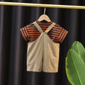 new boys' two-piece set: toddler forest-style striped korean overalls short-sleeve casual outfit - versatile and stylish
