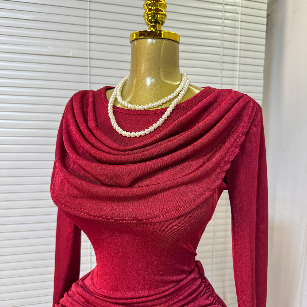 fashion evening dress 2026 spring new arrivalfashionelegant slim fit high round neck pleated hip cover long sleevesdress