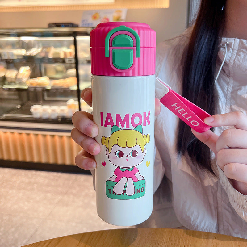 Cartoon red panda straight body insulated water bottle, 316 stainless steel, large capacity, dual-drink kids' water bottle, cute straw cup