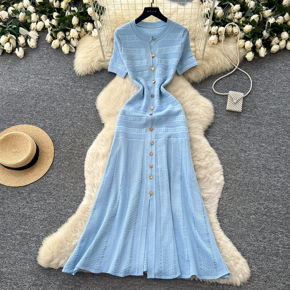 exportelegance style pure color single breasted knittingdress women's summerk-style silm slit long skirt dres