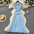 exportelegance style pure color single breasted knittingdress women's summerk-style silm slit long skirt dres