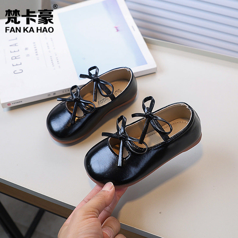Vancahao girls' bow-tie princess shoes, new spring/autumn  collection, kids' black leather soft-soled dance shoes