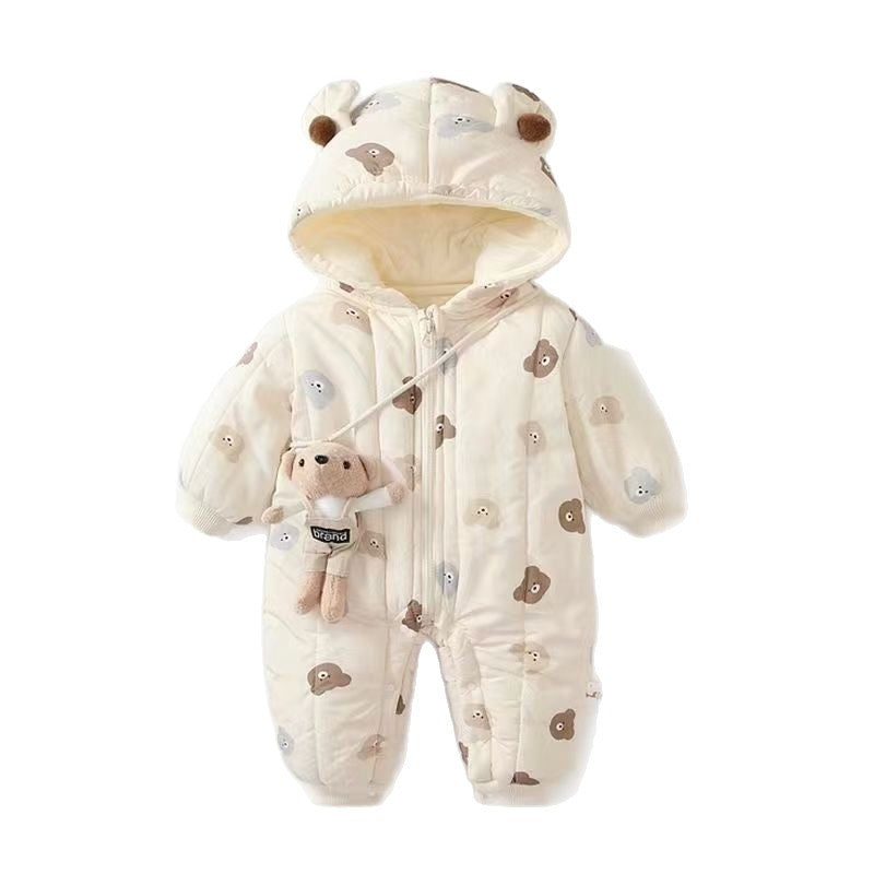 Newborn baby 100-day celebration bodysuit, infant winter clothes, thickened fleece-lined outfit, cartoon full month celebration winter wear
