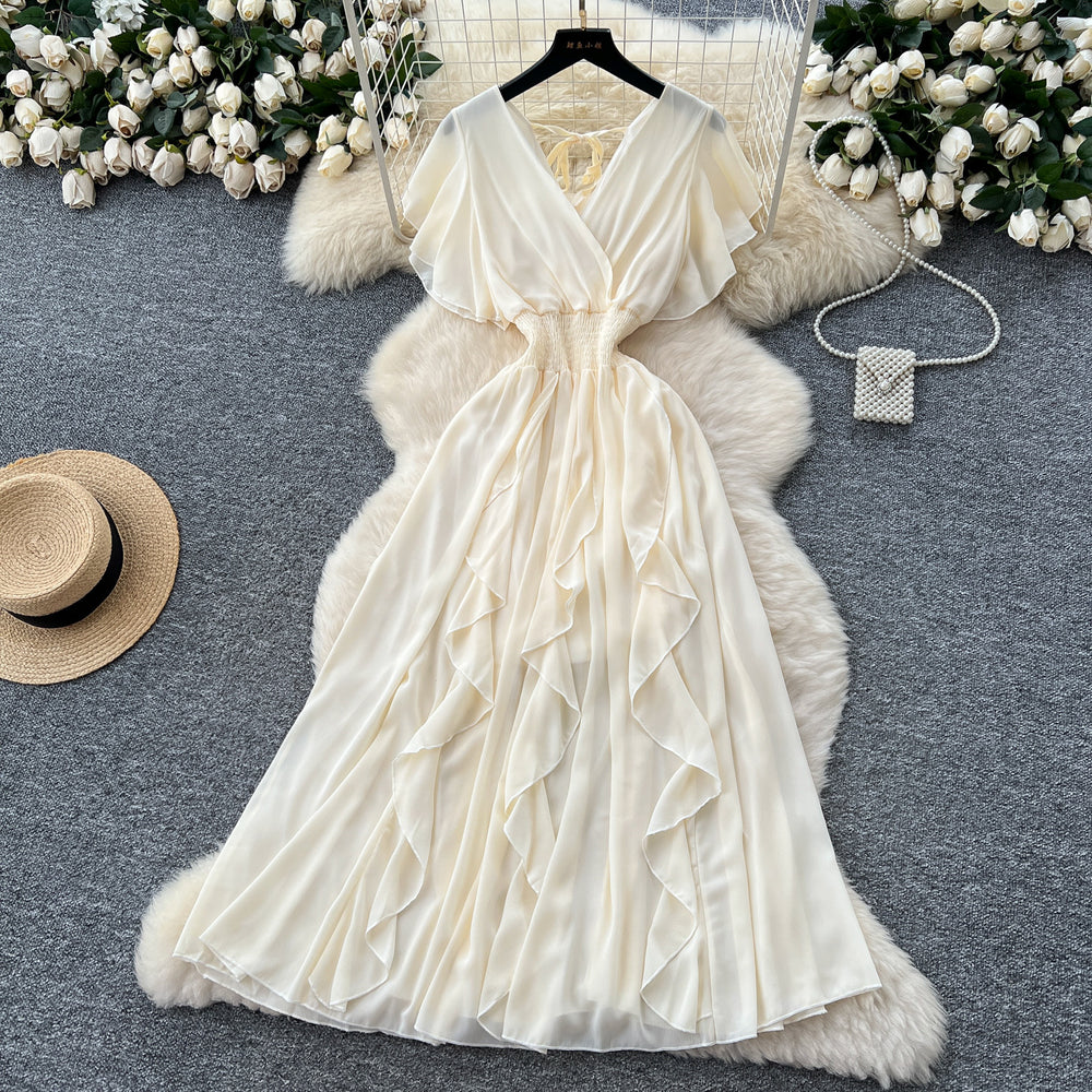 Summer women's niche design criss-cross v-neck flutter sleeve cinched waist chiffon dress - ethereal ruffle maxi dress