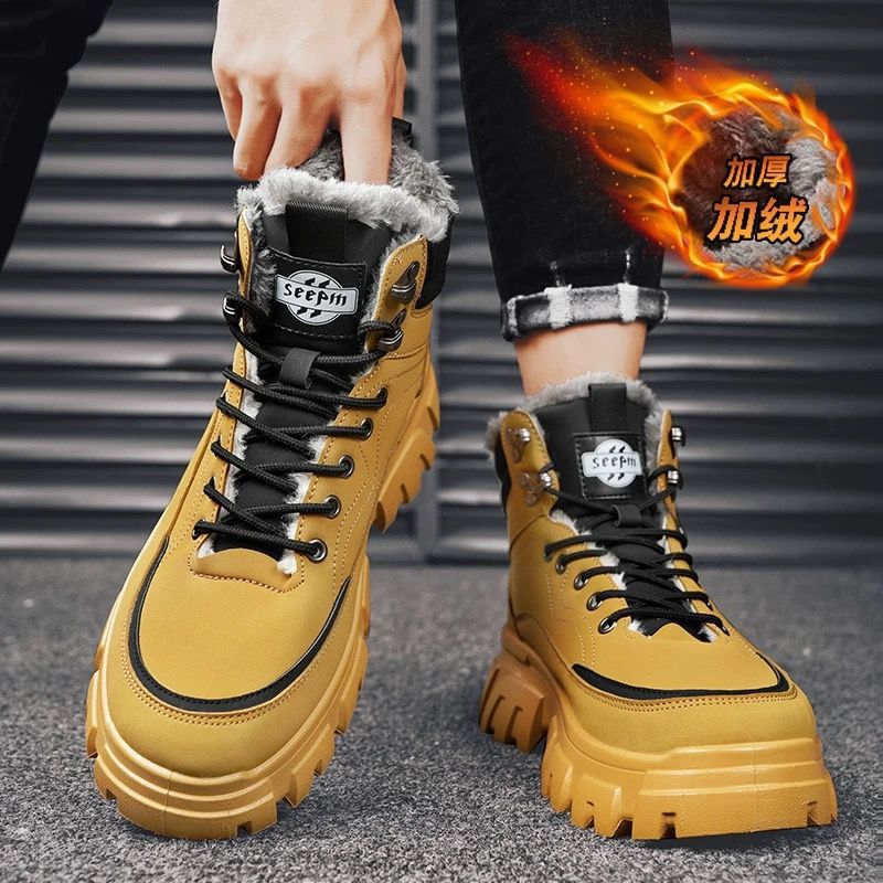 Boots men's fall and winter high-top british style workwear rhubarb boots men's fleece-lined cotton shoes thick sole outdoor waterproof leather boots