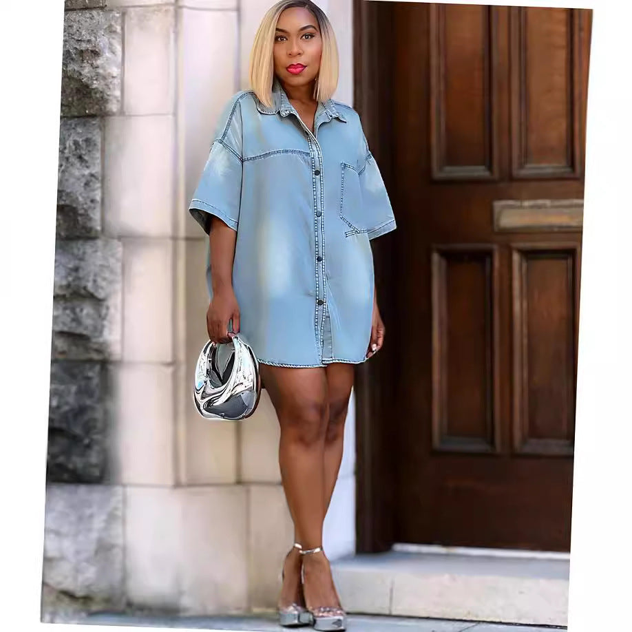 Women's denim shirt - european & american cross-border fashion -  summer streetwear casual loose short sleeve cardigan top