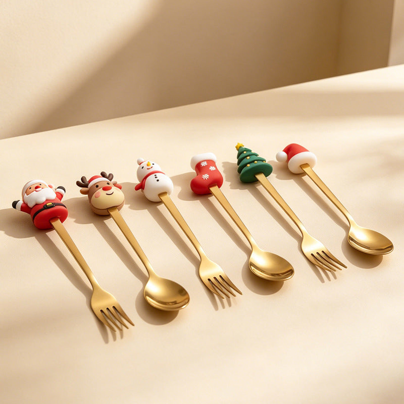 christmas cartoon cutlery gift box stainless steel silicone head spoon fork coffee spoon fruit fork cross-border set wholesale