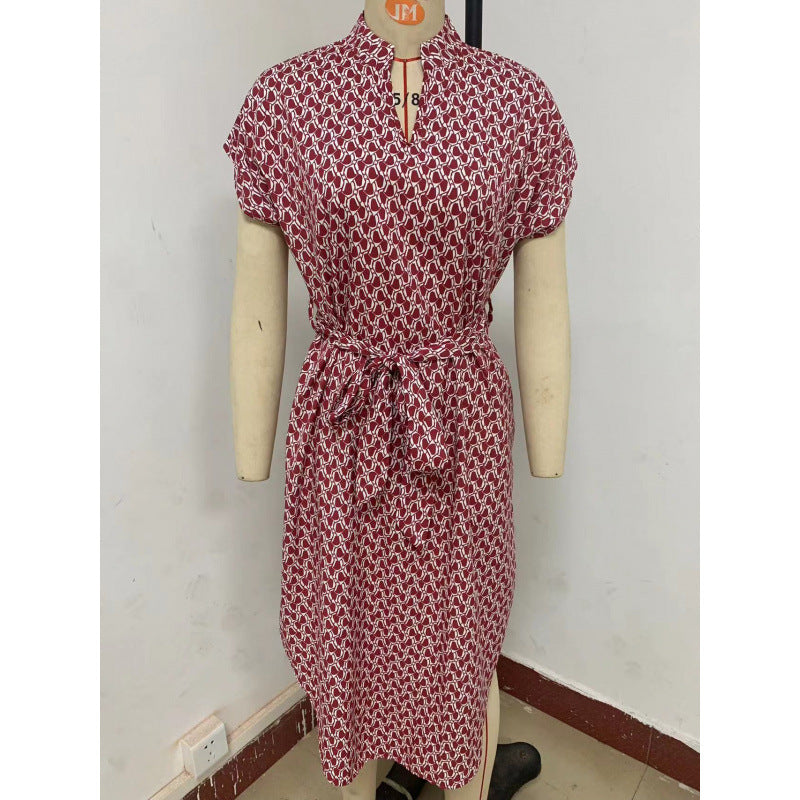 cross-border all-over print batwing sleeve drawstring dress