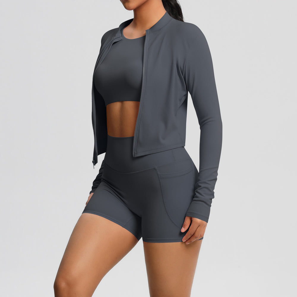 Fashionnew arrivalnude brushed long sleeves sports outwearcasualflap pocket pants shorts running butt lift yoga wear three-piece set