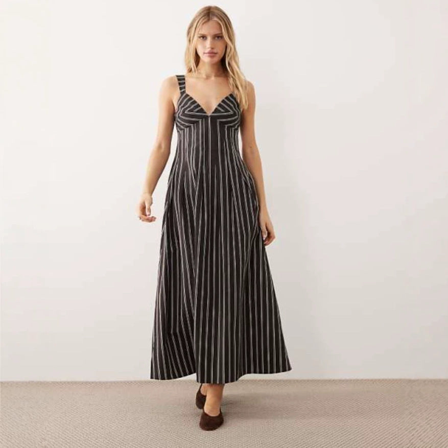 European and american cross-border women's fashion:  summer new arrivals - sexy and elegant v-neck striped high-waisted long slip dress