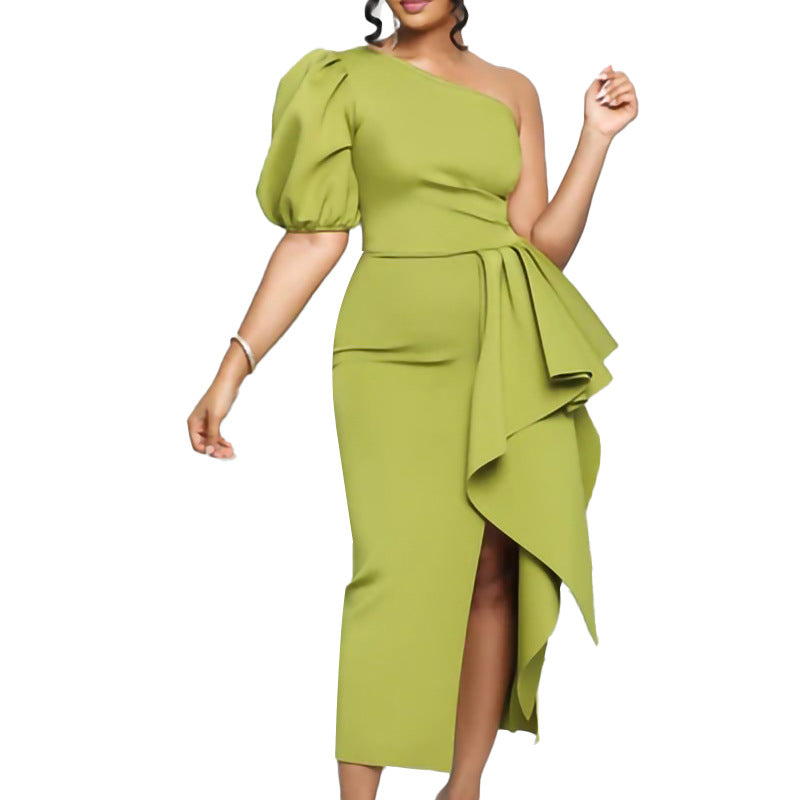 European and american women's clothing  summer new arrivals: ol style elegant waist-cinching puff sleeve one-shoulder banquet slit dress, european and american style dress