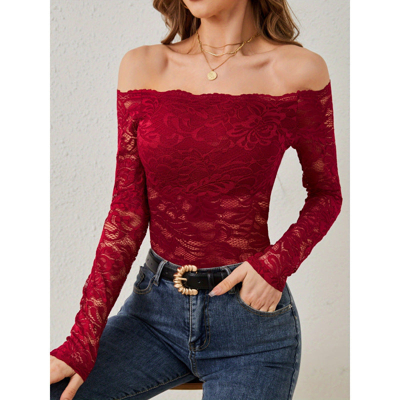 European and american cross-border  elegant fan-shape neck off-the-shoulder lace slim-fit long-sleeve top