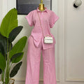 European and american cross-border women's fashion  summer new arrival: elegant sweet pink short-sleeve striped shirt and wide-leg pants set