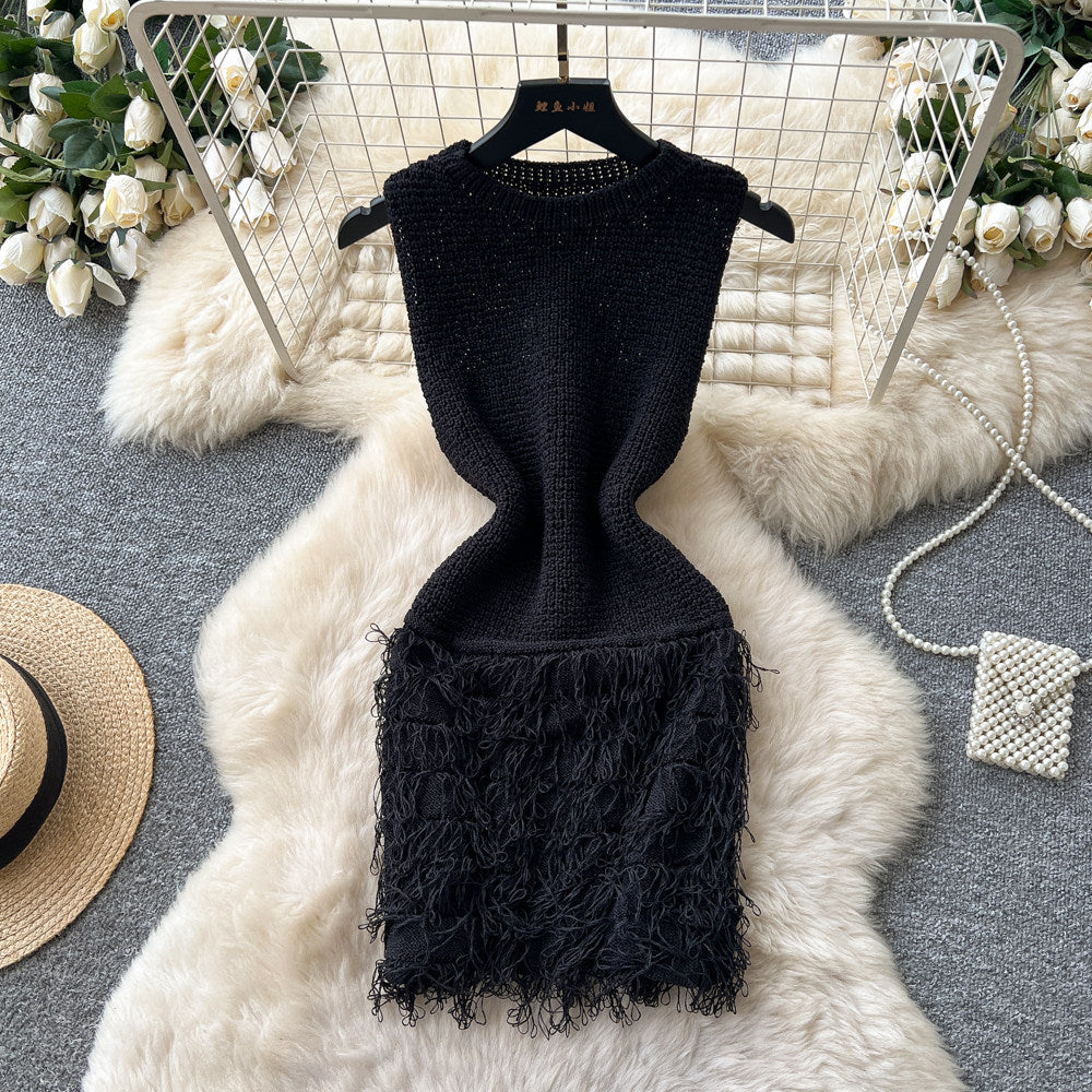 Korean style sleeveless knitted fuzzy dress - women's summer high-waisted slimming a-line dress for work and casual wear