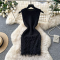 Korean style sleeveless knitted fuzzy dress - women's summer high-waisted slimming a-line dress for work and casual wear