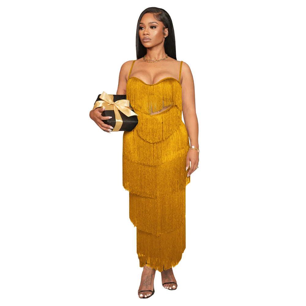 C7431 cross-border   fashion women's sexy sling backless tassel long dress