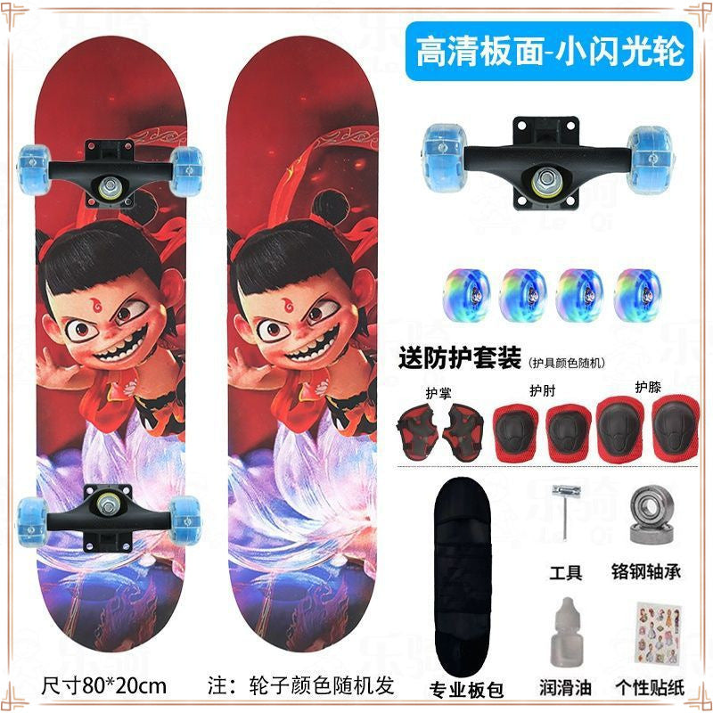 Nezha skateboard beginner children 6-12 years old adolescent adult professional four-wheel skateboard boys and girls flash skateboard