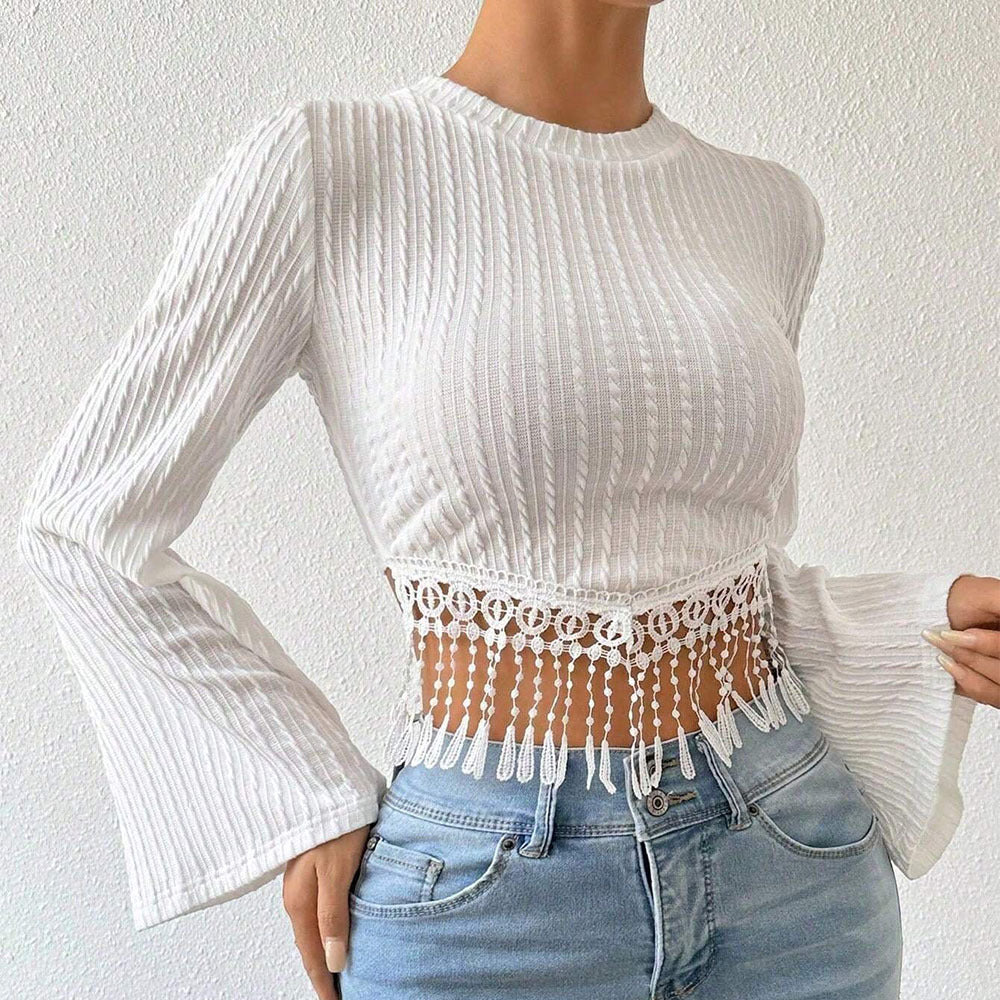 Aliexpress cross-border e-commerce women's fashion: artsy & elegant t-shirt - spring/summer tassel design, flared sleeve, cropped top