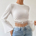 Aliexpress cross-border e-commerce women's fashion: artsy & elegant t-shirt - spring/summer tassel design, flared sleeve, cropped top
