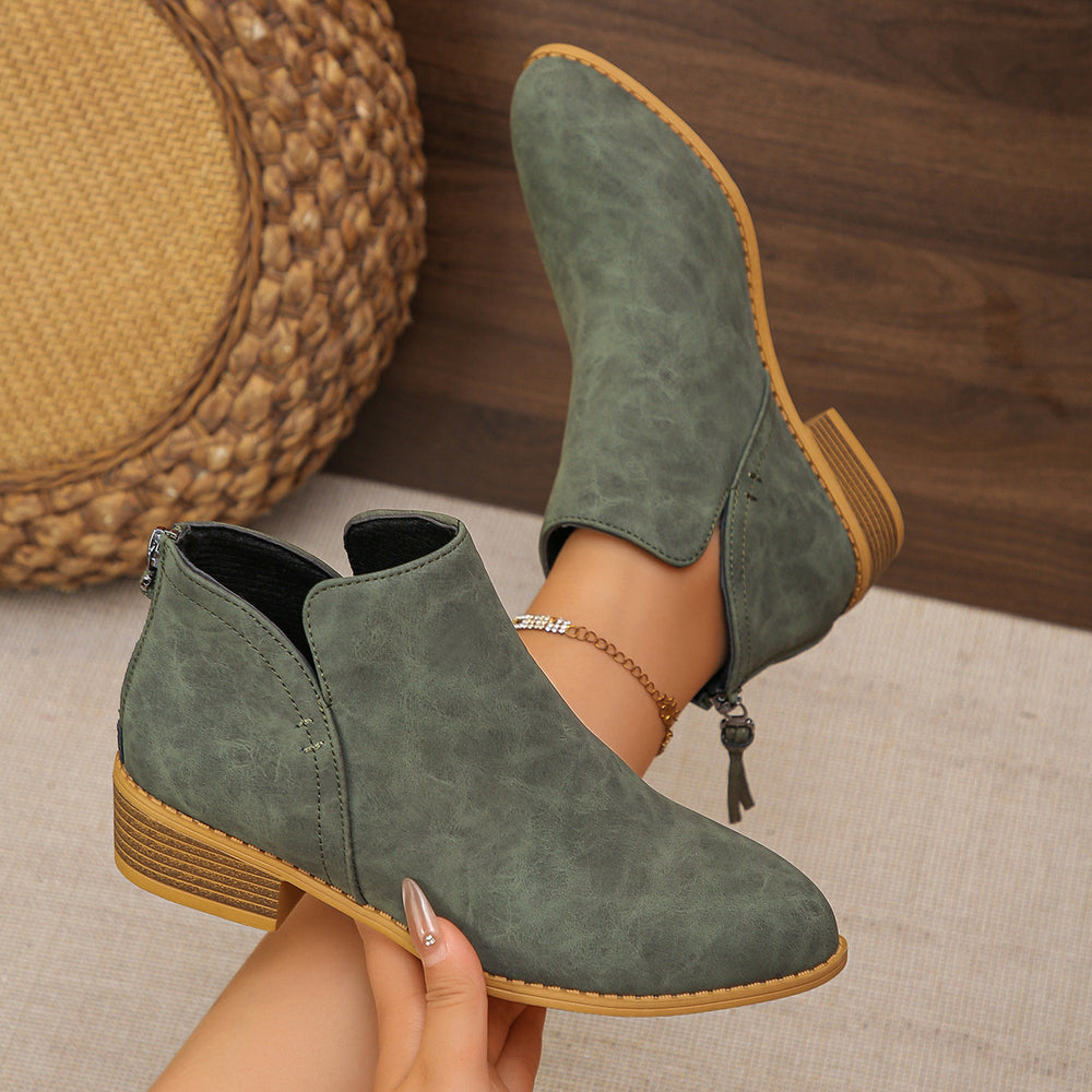 Fashionexportplus size leather boots women's boots pure colorslimming look pointed toe back zipper casualthick sole thick heel boots women's single
