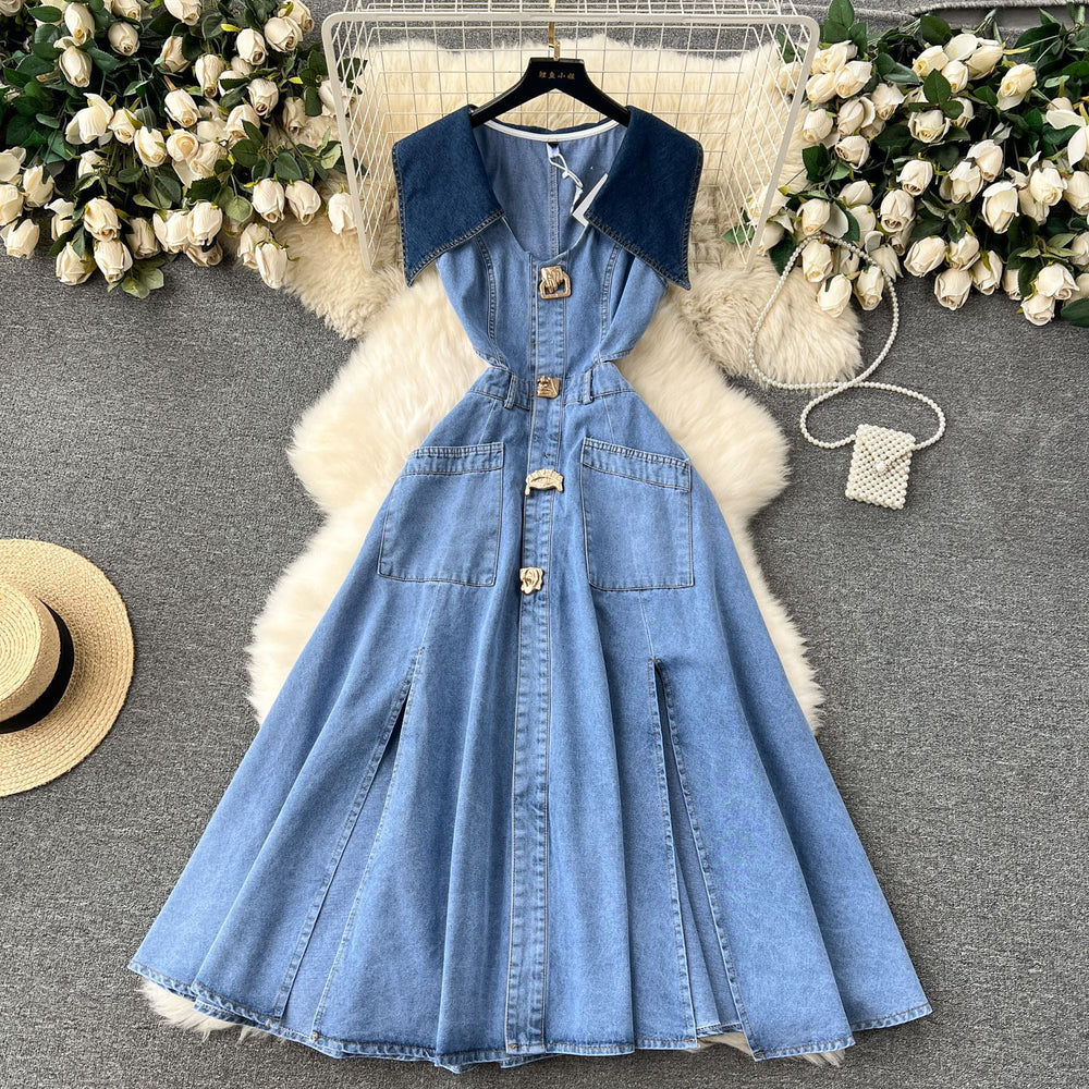 Sense of design large lapel sleeveless vest dress female heart cut out exposed waist silmlongchinese ancient style denim dress female