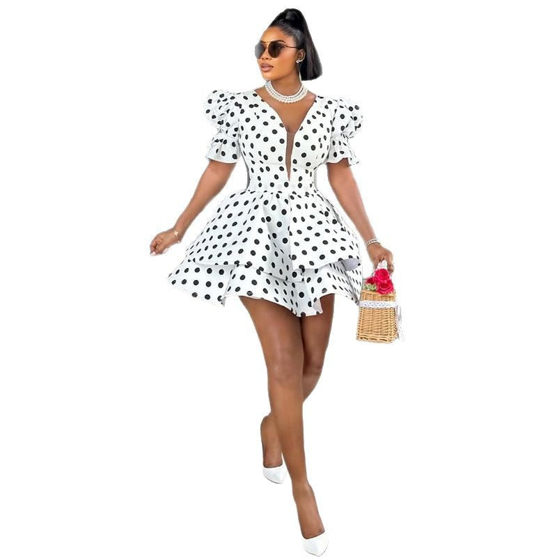 European and american cross-border women's fashion:  summer new arrival - elegant bubble sleeve v-neck polka dot high-waisted asymmetrical dress