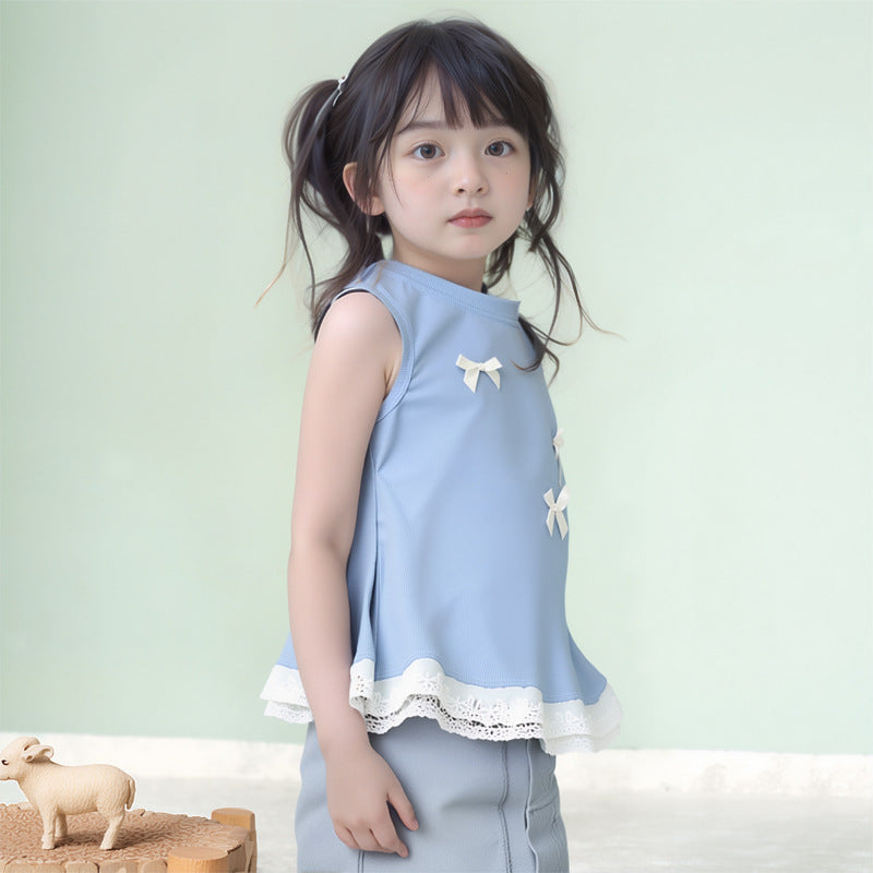 Girls' sleeveless lace-trimmed summer top,  new style: stylish sleeveless lace tank top with bow detail, versatile vest