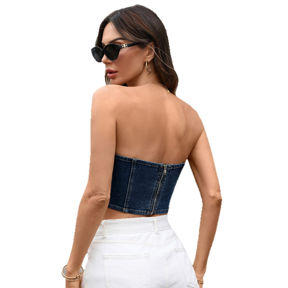 European and american cross-border women's fashion: new -style independent site, washed denim, beaded, backless, slim-fit, sexy bandeau top