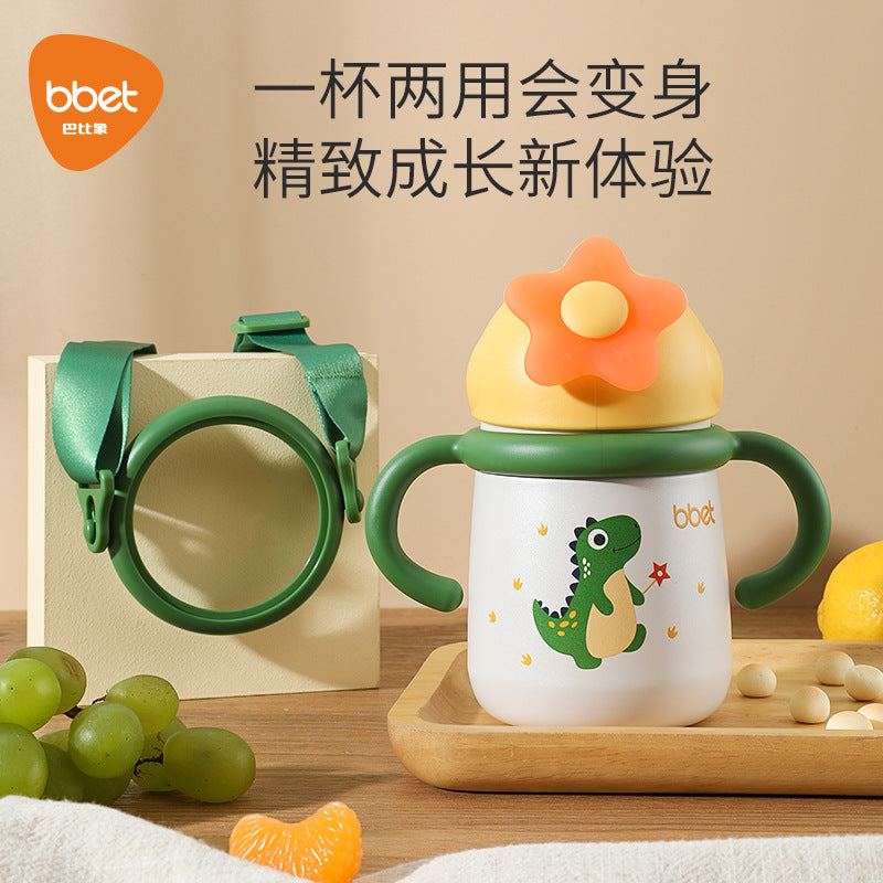 Kids' insulated sippy cup - baby learning cup with straw - baby thermos water bottle - portable dinosaur water bottle with strap for outings and kindergarten