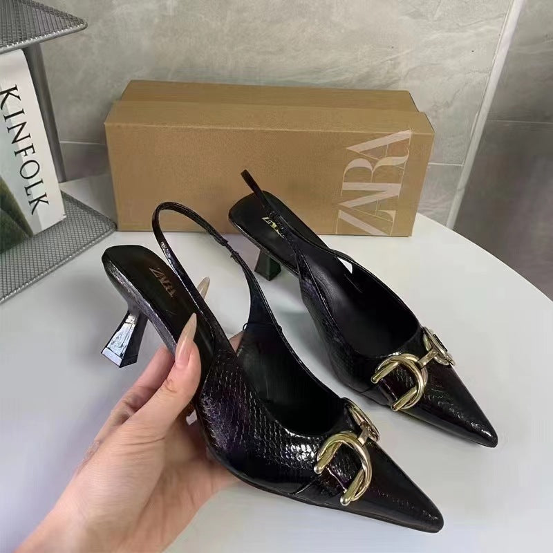 2024 summer women's pointed-toe decorated open-back high heel sandals, closed-toe pumps, low-cut casual stiletto mules