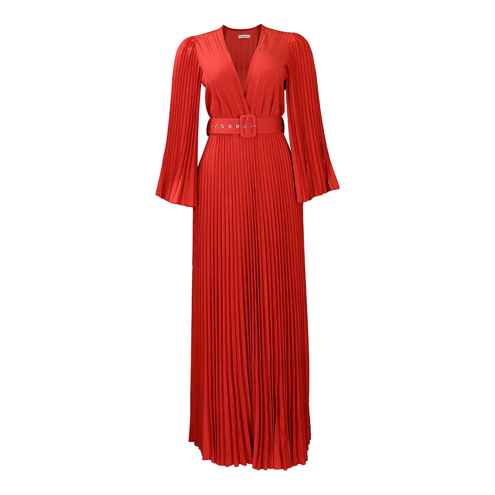 C8478 european and american women's clothing   new v-neck sexy pleated maxi dress cross-border dress