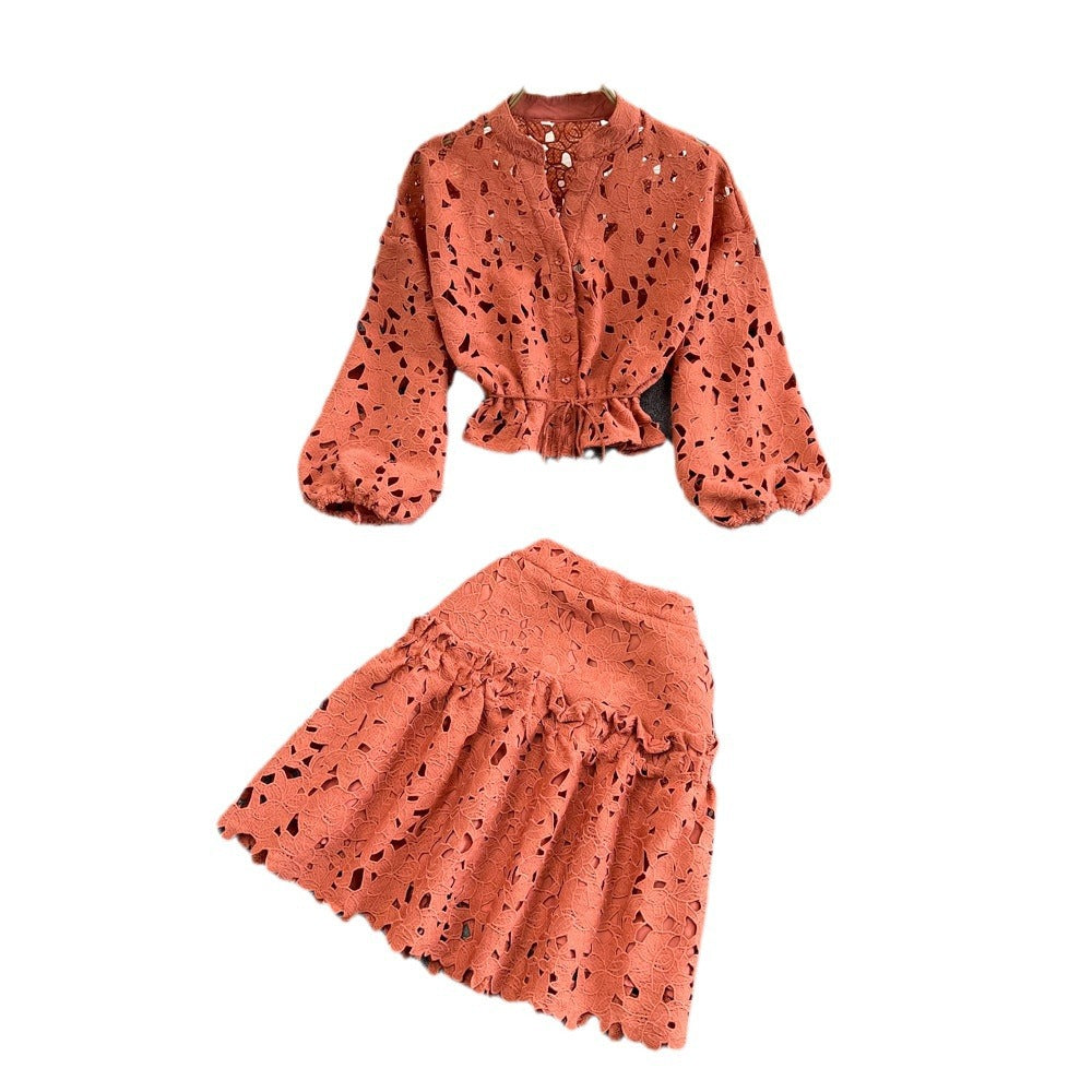 Retroelegantv neckcut outembroidered lantern sleeveshortshirt women's two-piece set high waistslimming looka-line skirt