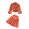 Retroelegantv neckcut outembroidered lantern sleeveshortshirt women's two-piece set high waistslimming looka-line skirt