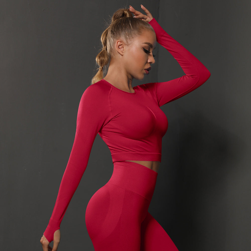 fashion seamless tight pure color pleated sports long sleevestops high elastic breathable running fitness yoga wear for women